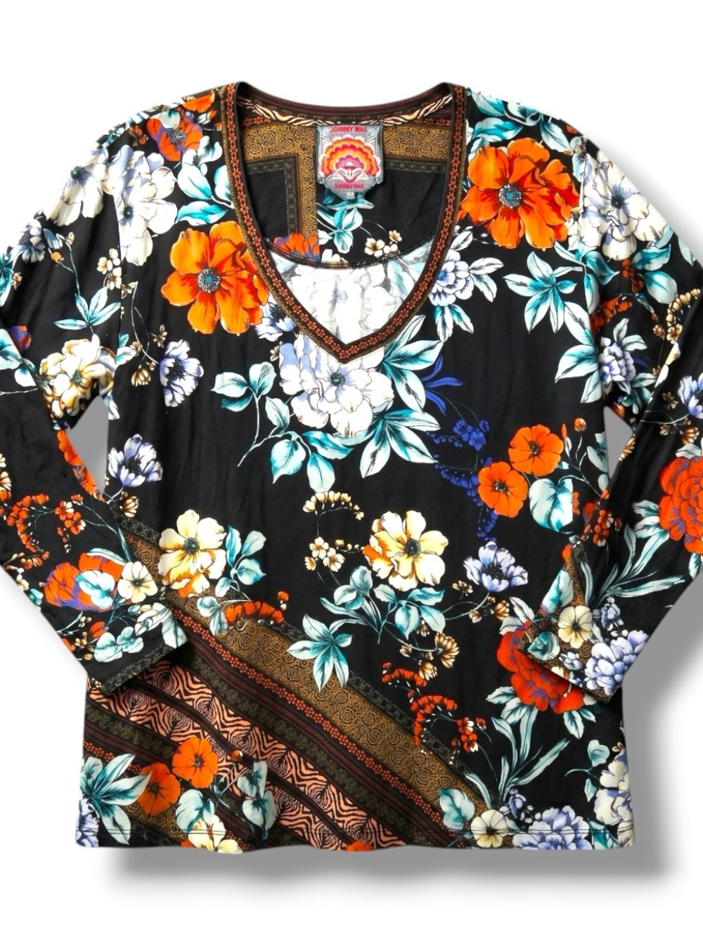 Johnny Was Black Floral V-Neck Blouse with Teal and Orange Accents - Picture 2 of 14